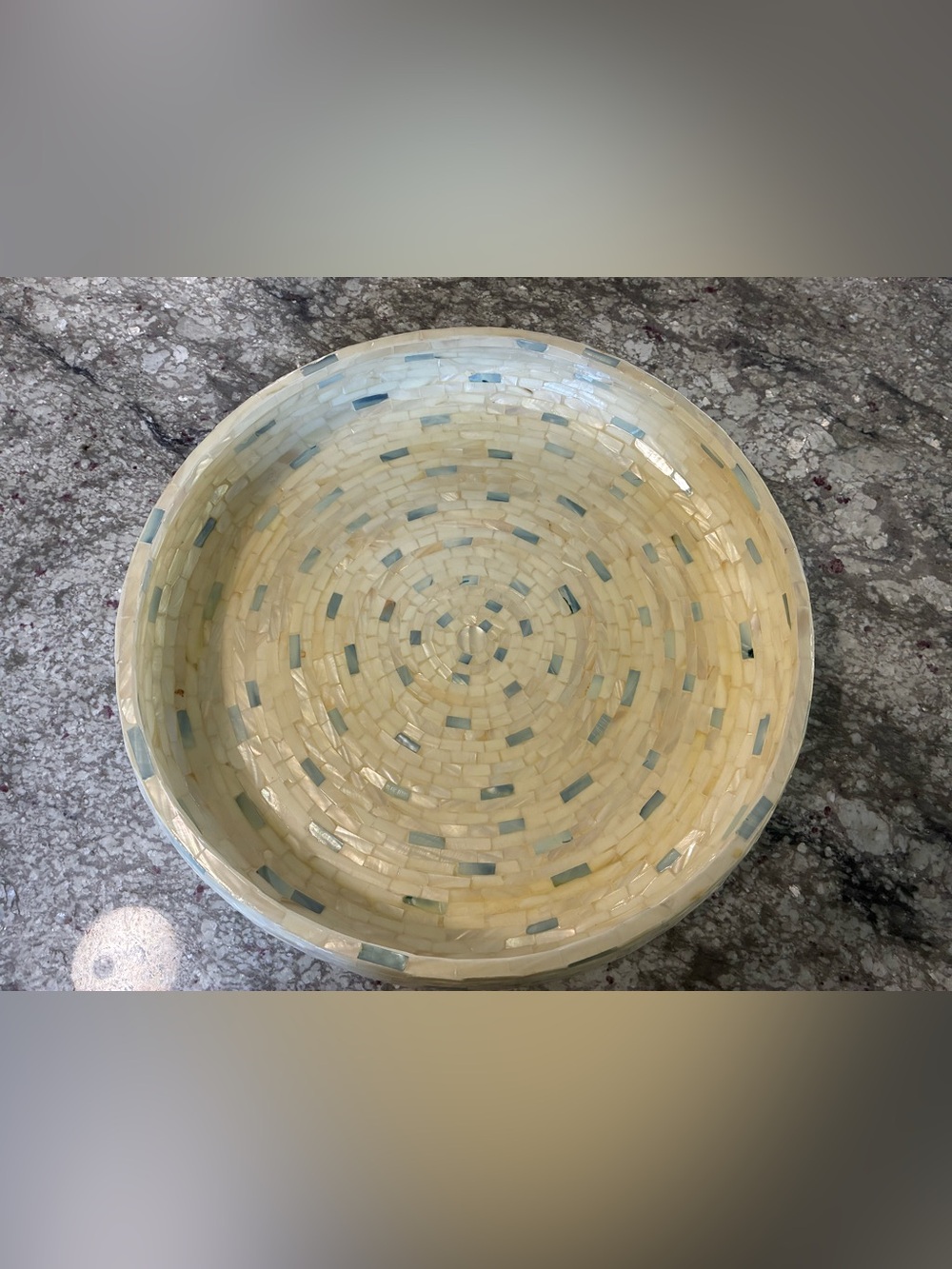 Pier 1 Imports Blue and White Mother of Pearl Round Serving Tray/Bowl.